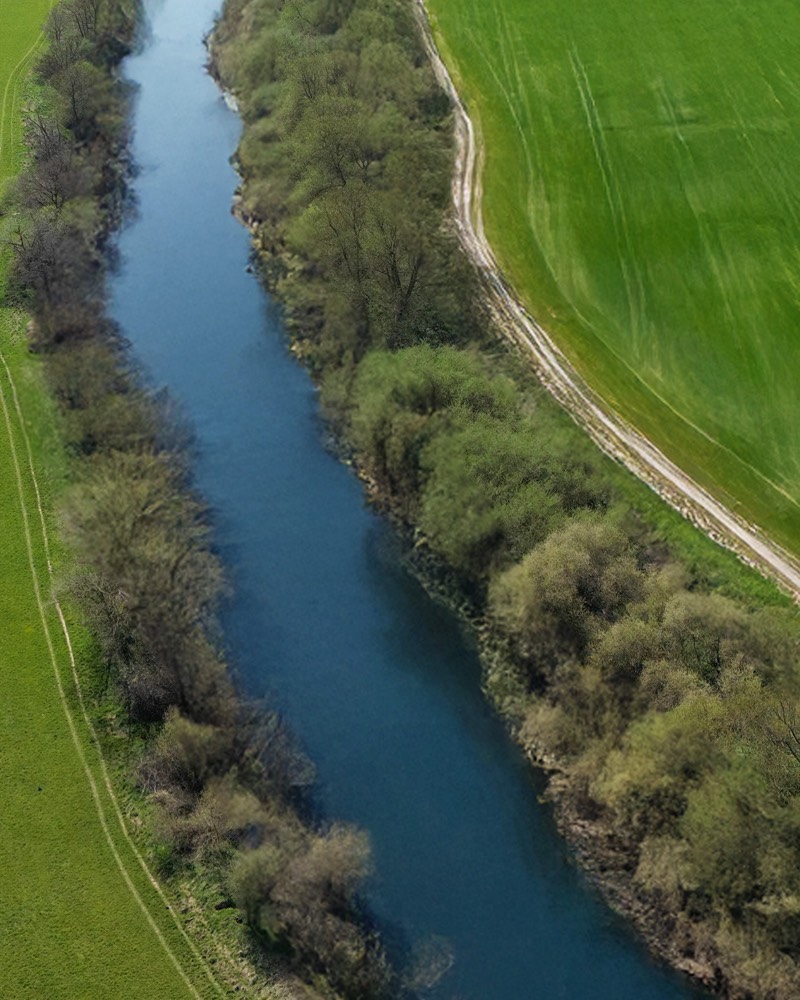 The River Severn beside the park at Quatford, seen from above, with the riverside track alongside